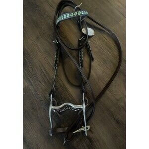 New With Tag Riata Green Jeweled Western Headstall,  Reins Used Bit
